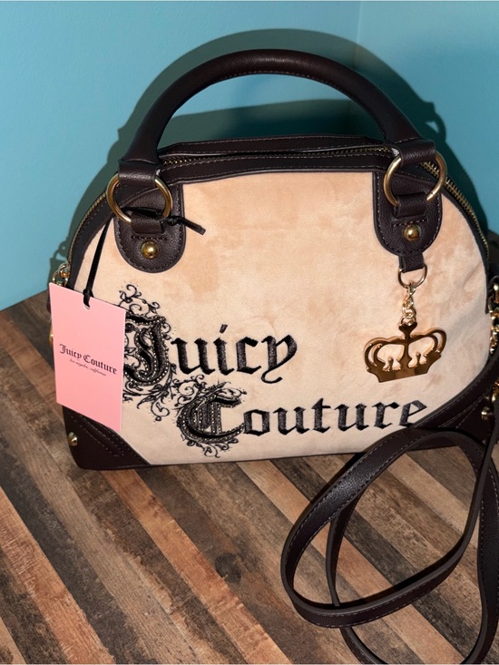Juicy Couture Handbags - Juicy Couture Beige and Brown Dome Satchel with Gold Charm- Velvety Soft! NWT!